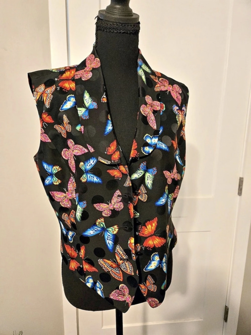 Vintage PSI 100% Silk Butterfly Polka Dot Collared Vest 8 Made in USA